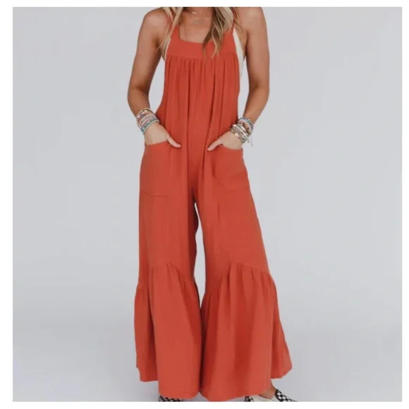 30 Boho wide leg ruffle Jumpsuit - Picture 2 of 3
